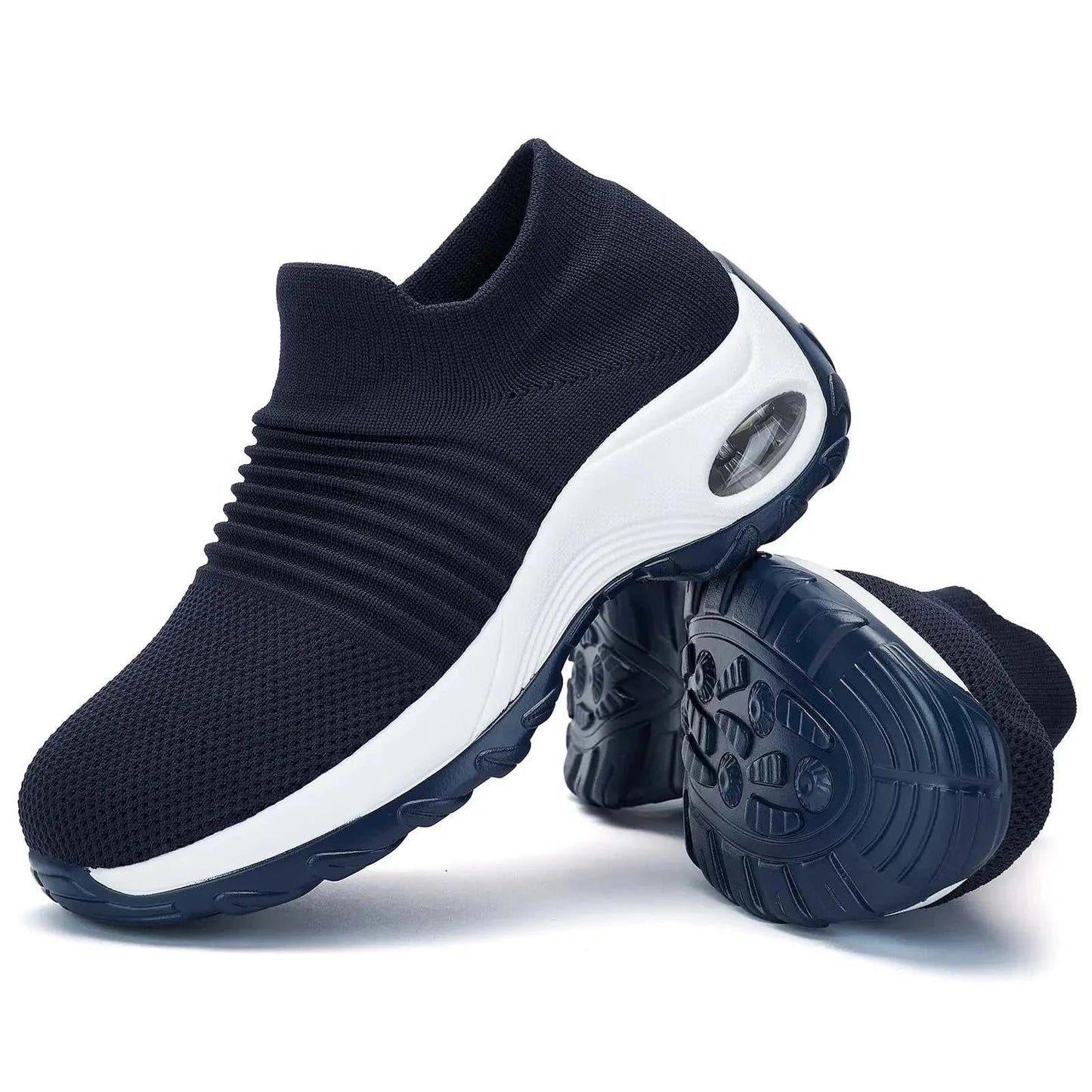 Women's Mesh Slip-On Sneakers - Navy Blue White Air Cushion Dance Shoes