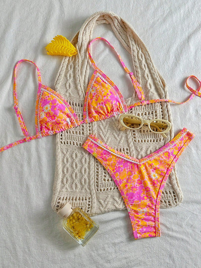 Floral Print Spaghetti Strap High Cut Bikini