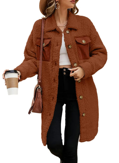 EVALESS Women's Fuzzy Fleece Long Teddy Coat - D Orange