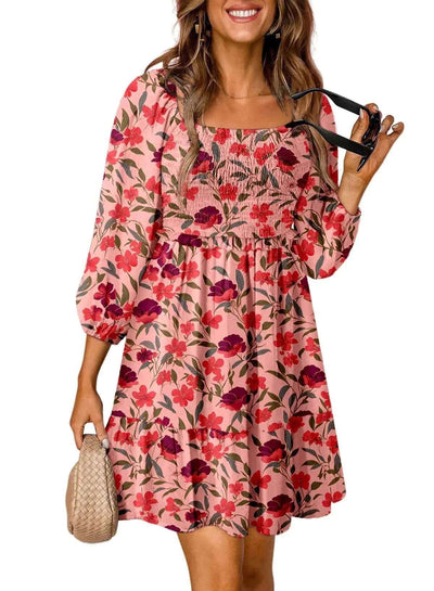 2024 Boho Floral Smocked Mini Dress