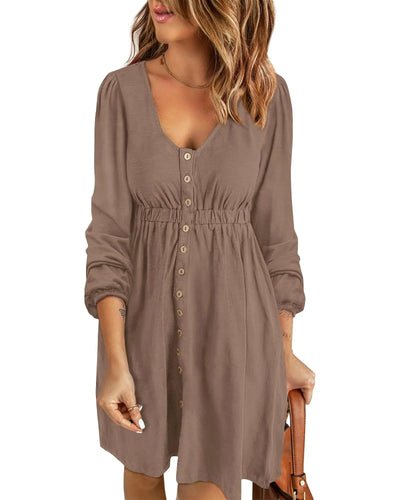 BTFBM Women's Crew Neck Button-Down Tunic Dress - Dark Khaki XL