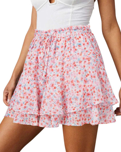 Boho Floral Ruffle Skorts for Women - Pink Green